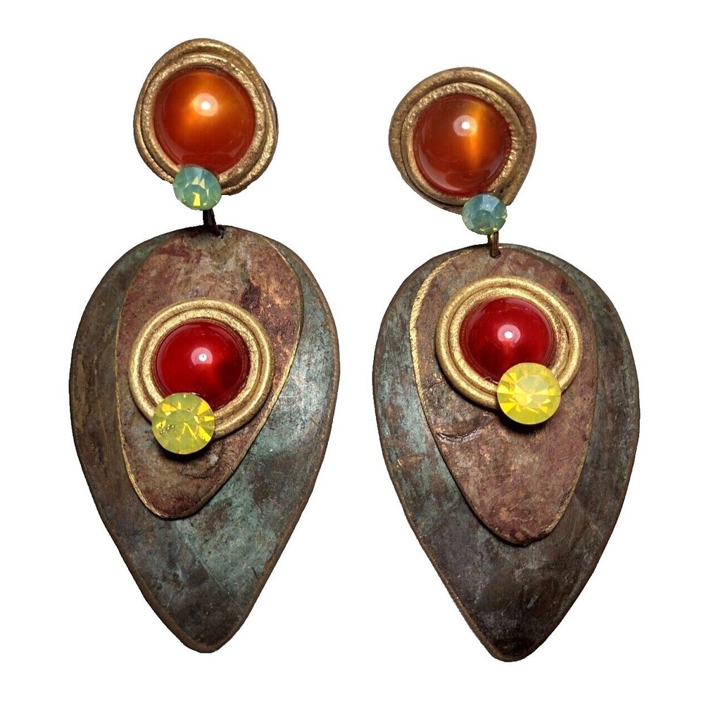 Vtg LARGE Earrings Brutalist Pierced 3d Dangle Statement Modernist Metal Art